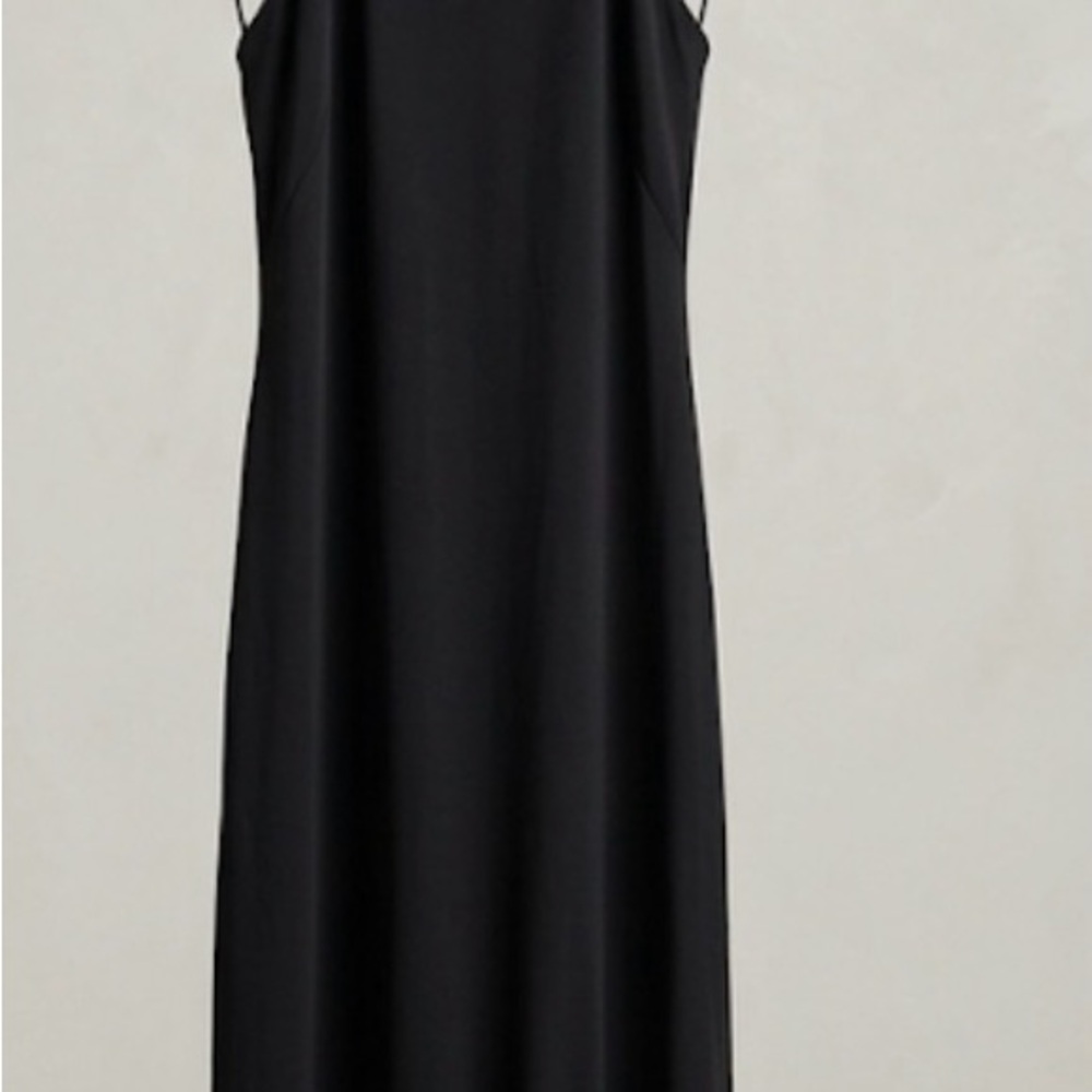 Dawn Joye Black High. Eco Sleeveless Midi Dress Asymmetrical Macrame Fringe Hem